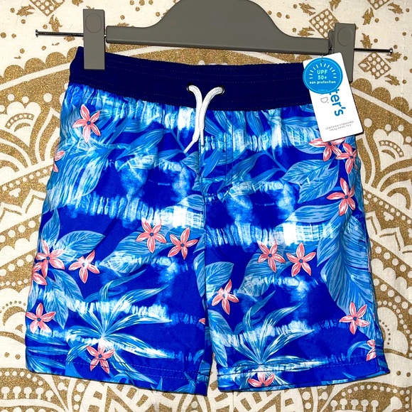 Carter's Other - ✨HP✨ NWT “CARTERS” BOYS UPF 50+ BLUE/CORAL SWIM TRUNKS W/TIE WAIST, SIZE 4